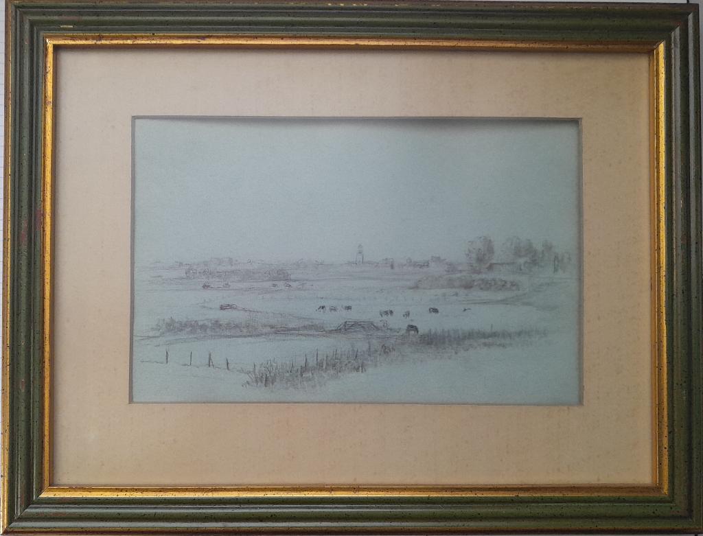 Drie tekeningen op grijs papier, bij de IJssel - schilderij, Ophalen, Minder dan 50 cm, Gebruikt, Oorspronkelijke maker