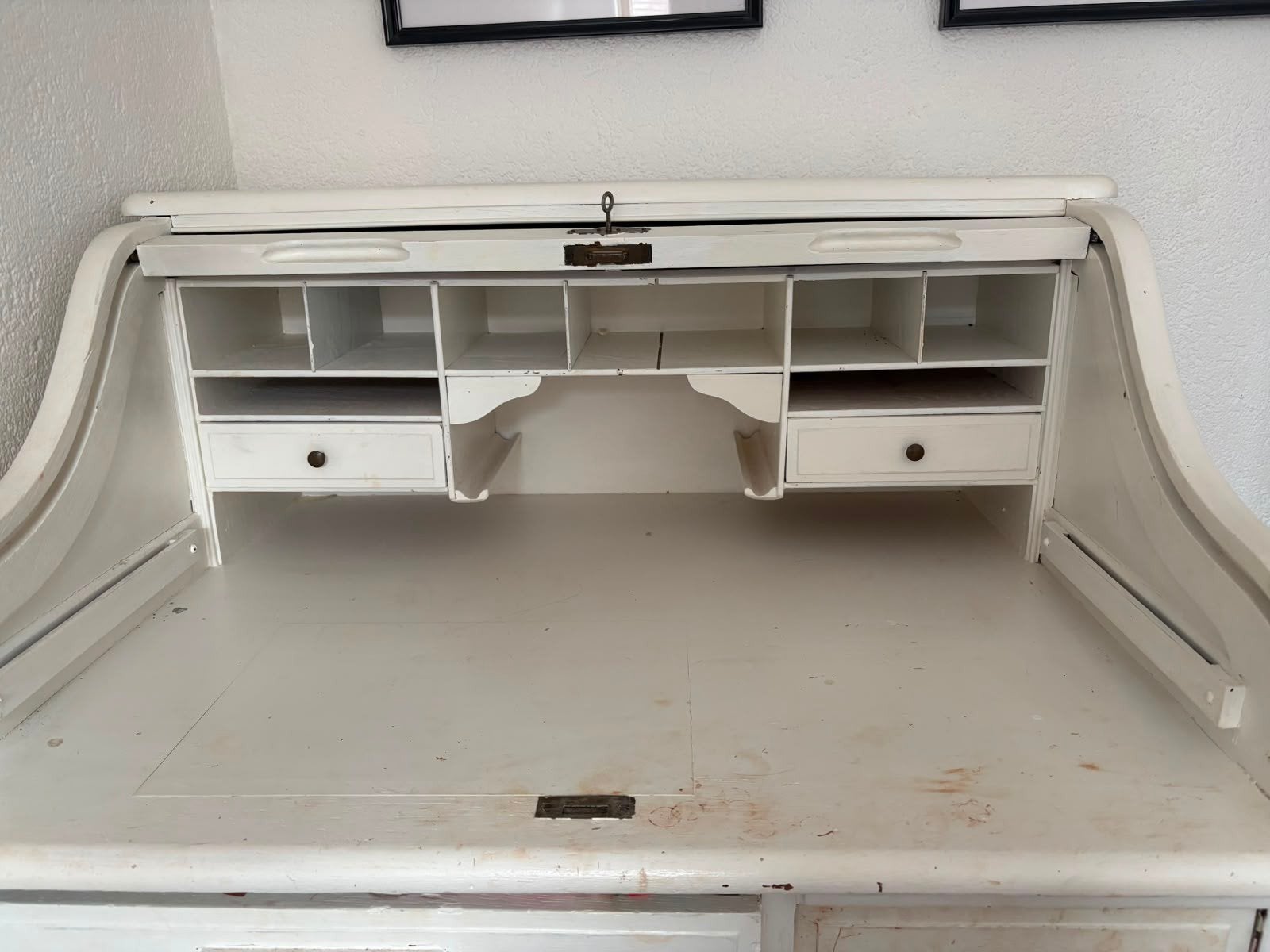Antiek wit rolluikbureau met opbergruimte, Ophalen, Met lades, Gebruikt, Hout