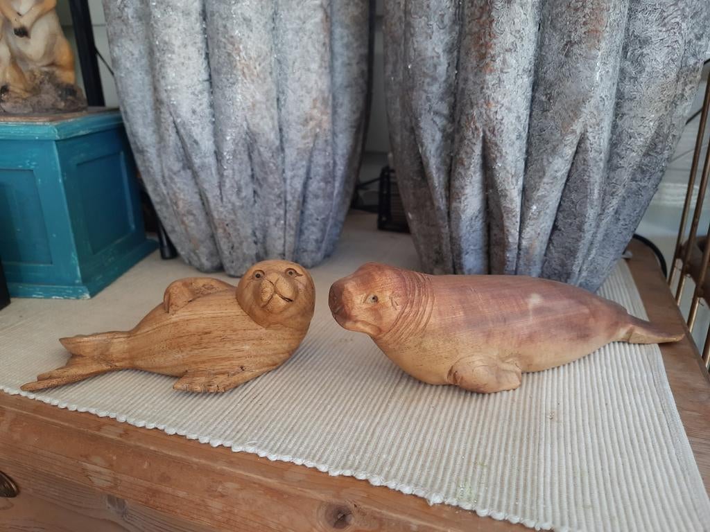 Dolfijn en Walrus hout beeldjes, Ophalen of Verzenden, Rechthoekig, Hout