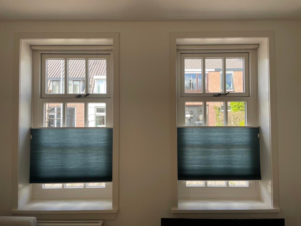 2x dubbele plissé gordijnen (top down bottom up), Ophalen, Wit, 50 tot 100 cm, Zo goed als nieuw