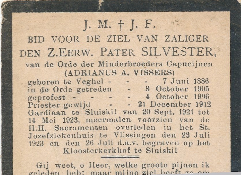 Veghel 1886-Vlissingen 1923 Z. Eerw. Adrianus Vissers, Ophalen of Verzenden, Bidprentje