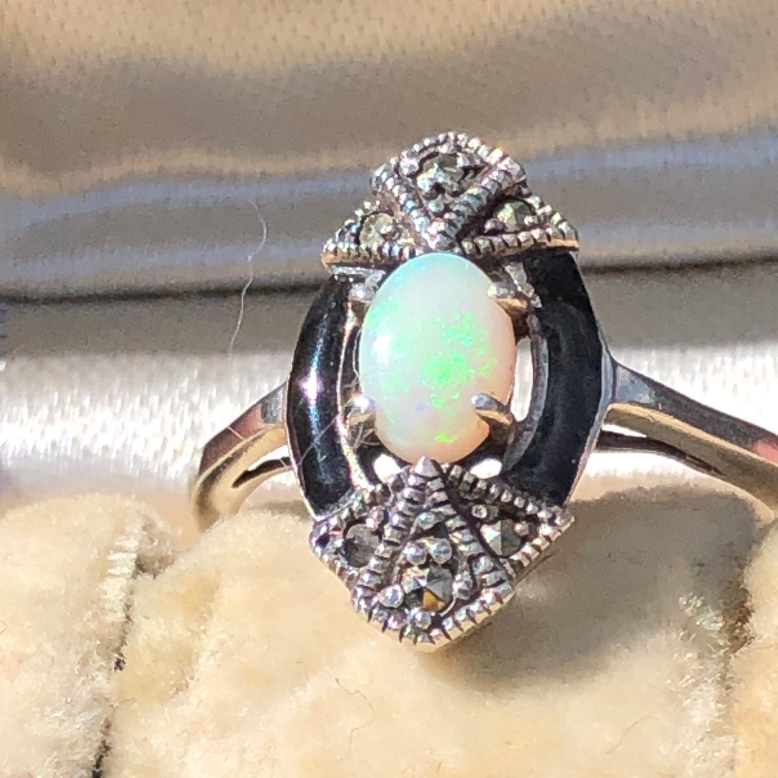 Ring Opaal Emaille Markasiet Emaille Art Deco Uniek, Ophalen of Verzenden, Met edelsteen, Dame, Zilver