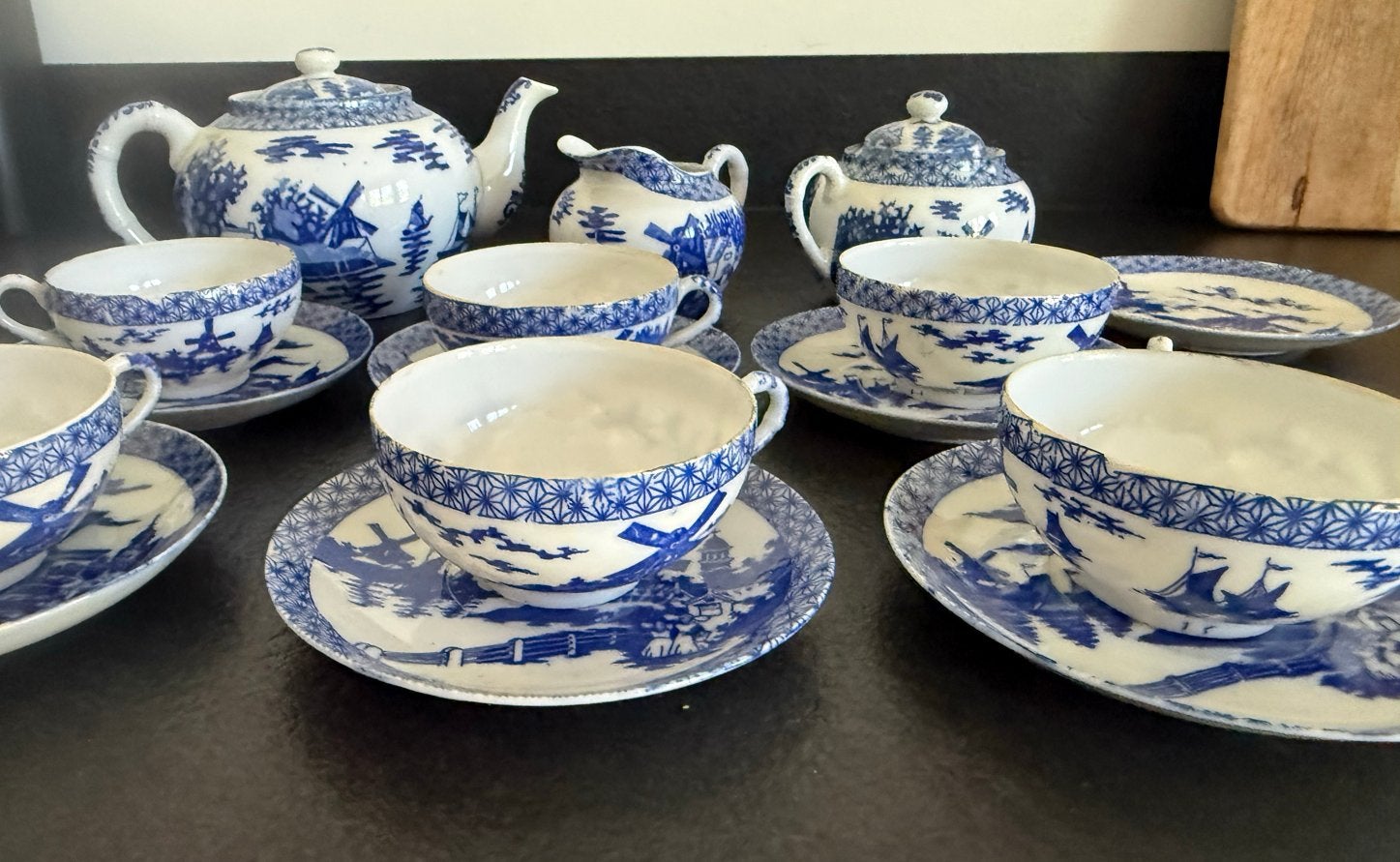 Vintage blauw wit theeservies Dutch Mill zeer dun porselein, Ophalen of Verzenden