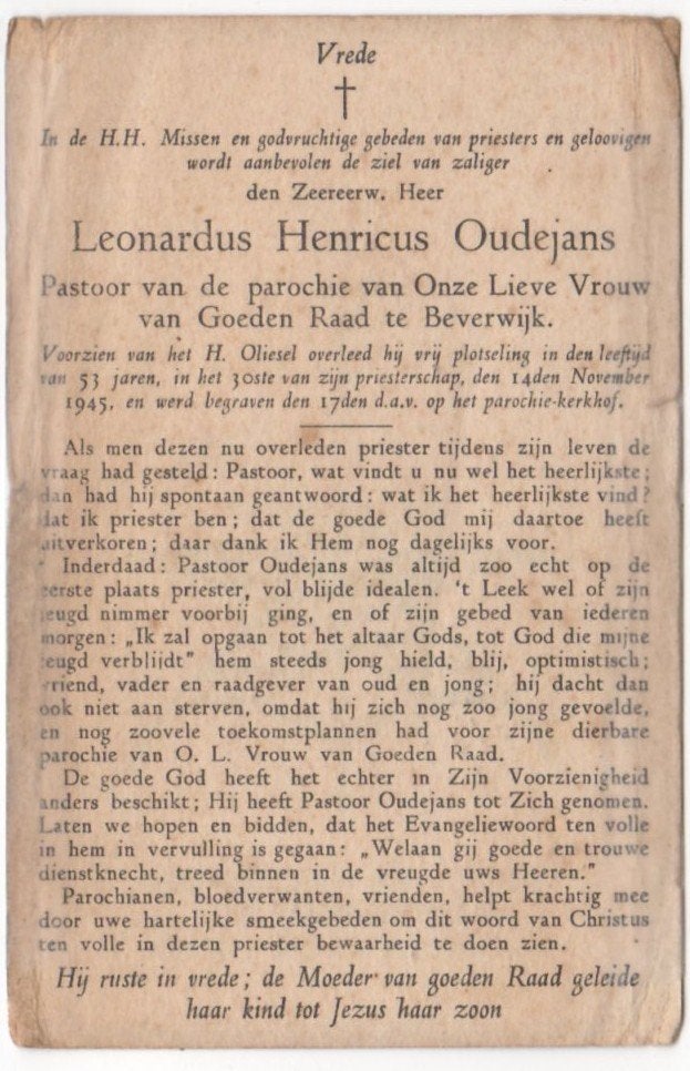 pastoor Leonardus Oudejans 1892 Heemstede + 1946 Beverwijk, Ophalen of Verzenden