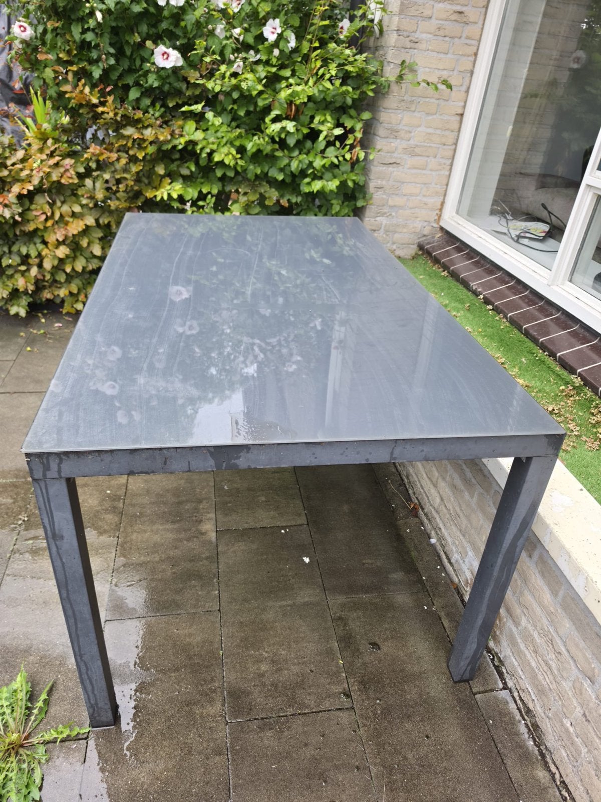 Grote grijze tuintafel - Gebruikt, Tuin en Terras, Ophalen, Gebruikt, Rechthoekig, Metaal