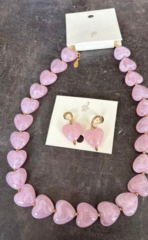 Yehwang Roze hartjes ketting en oorbellen set, Overige materialen, Hangers, Nieuw, Ophalen of Verzenden