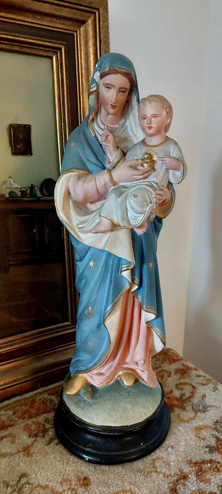 Groot Antiek Mariabeeld Maria met kindje Jezus op de arm, Ophalen