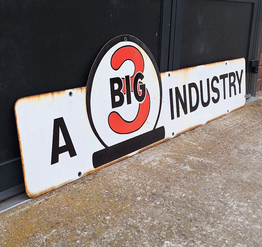 Uniek & antiek emaille bord Big 3 Industry uit Texas Amerika, Ophalen, Reclamebord, Gebruikt, .