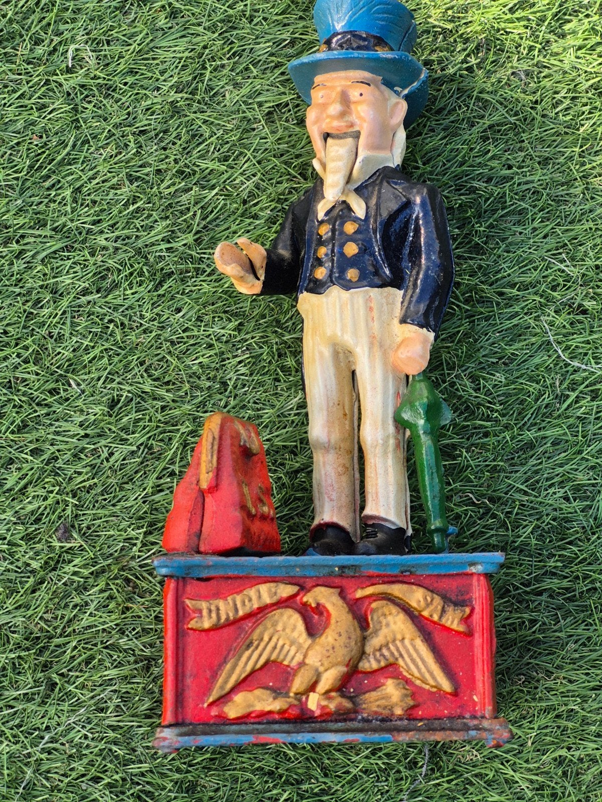 Antieke gietijzeren spaarpot Uncle Sam, Verzamelen, Speelgoed, Gebruikt, Ophalen of Verzenden