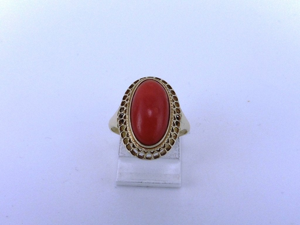 Gouden damesring met bloedkoraal                         G56, Gebruikt, ., Ophalen of Verzenden, Dame