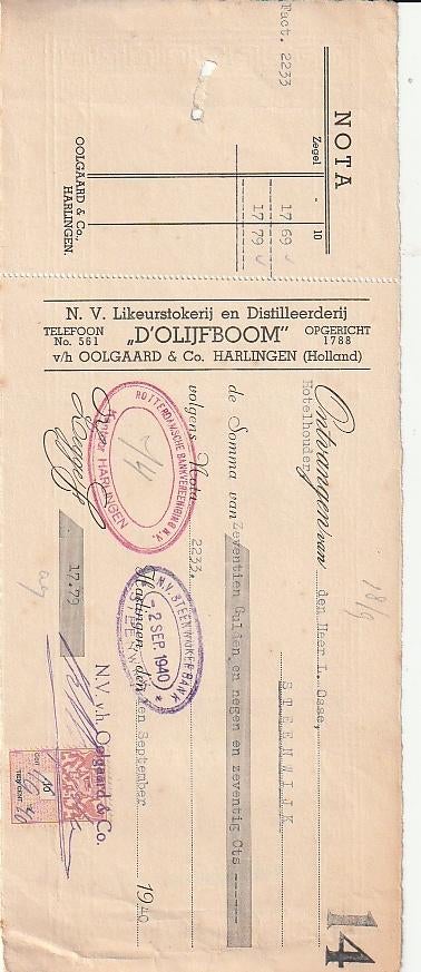 Harlingen distilleerderij  d Olijfboom  Oolgaard wissel 1940, Ophalen of Verzenden, Zo goed als nieuw, Reclamebord