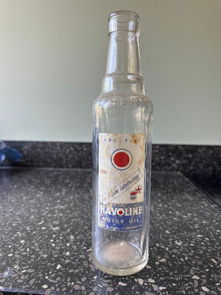 Oude Havoline oliefles. Glas bottle olie fles MOTOR OIL., Ophalen of Verzenden, Gebruikt, Gebruiksvoorwerp