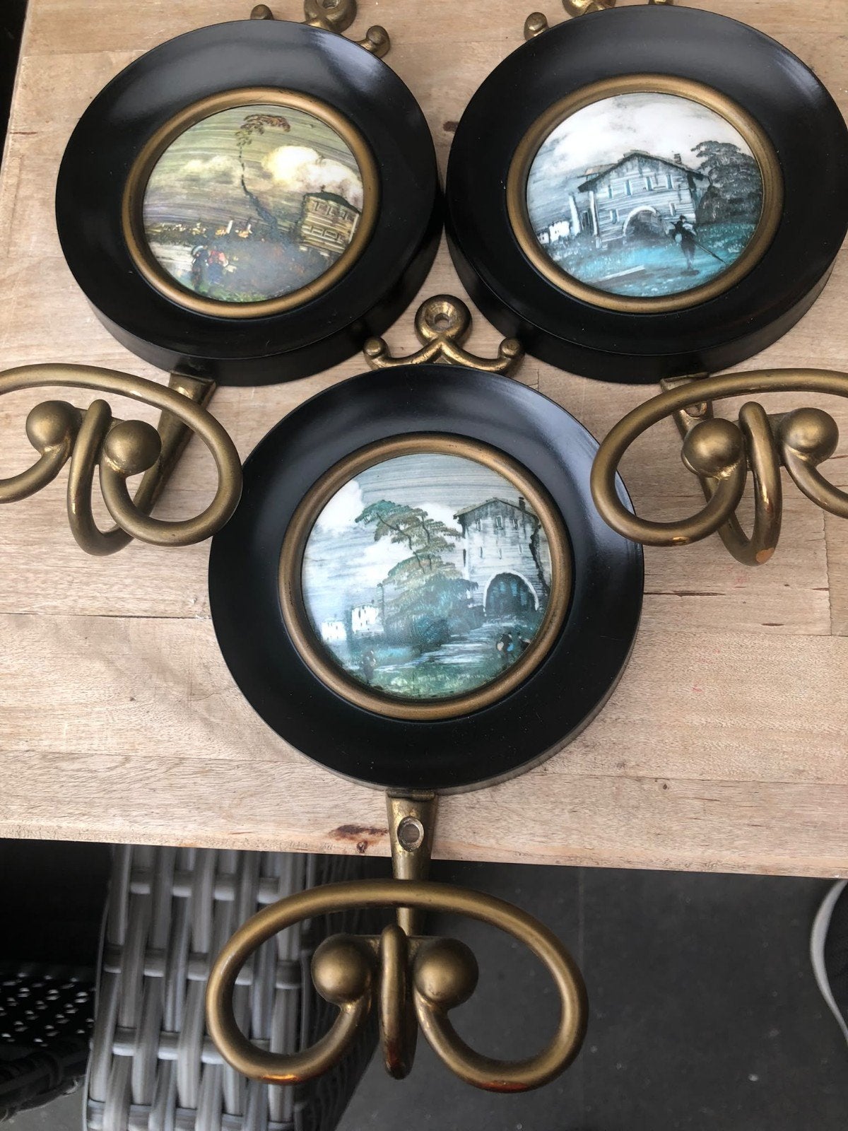 Set van 3 Vintage  Wandhaken met Miniatuur Schilderije, Antiek en Kunst, Ophalen