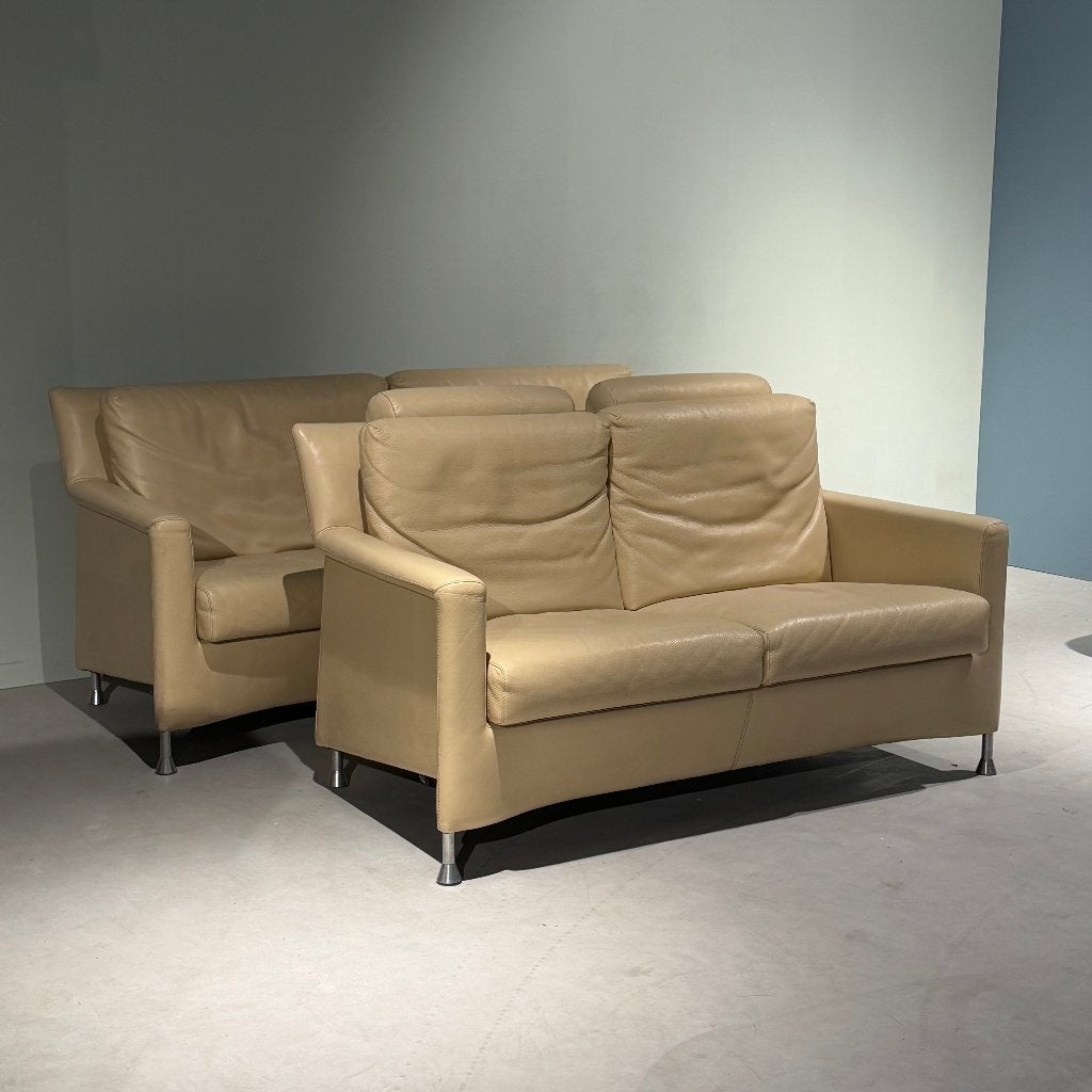 bankstel bank leer beige leolux **gebruikt set van 2**, Ophalen, Gebruikt, Rechte bank, 200 tot 250 cm