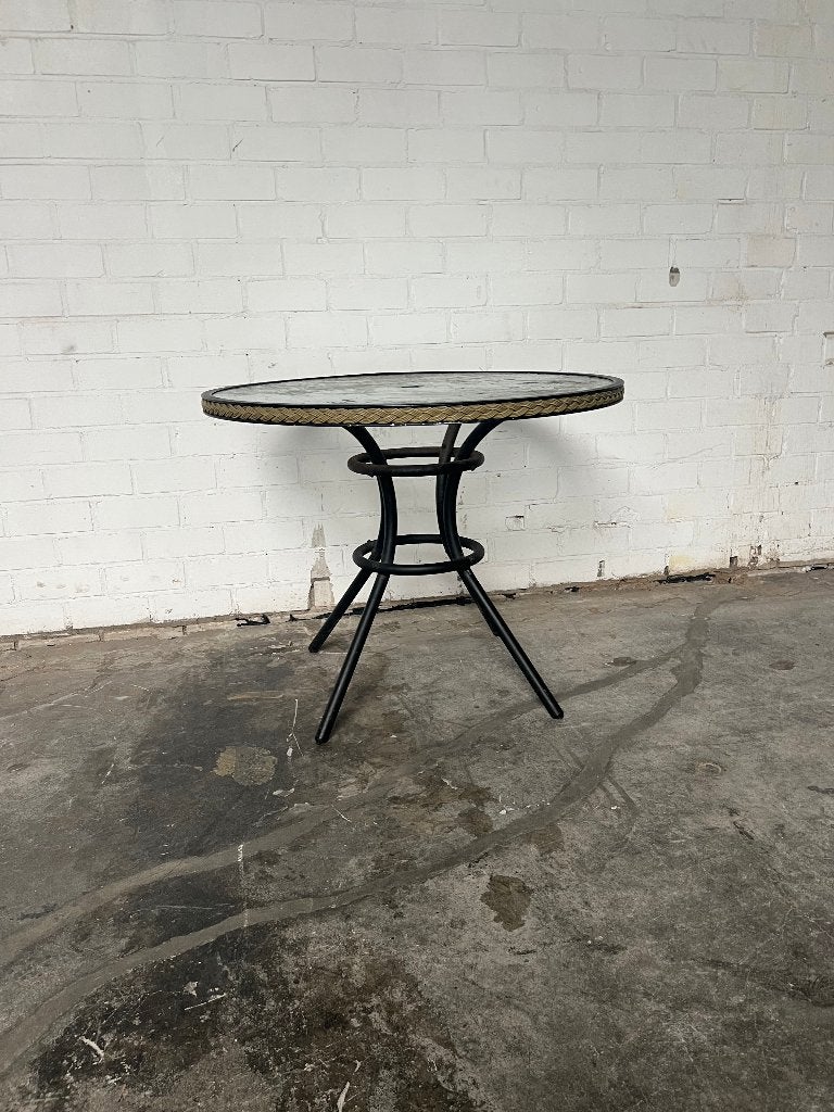 Ronde glazen tuintafel 90 cm met metalen onderstel, Tuin en Terras, Ophalen of Verzenden, Gebruikt, Rond, Metaal