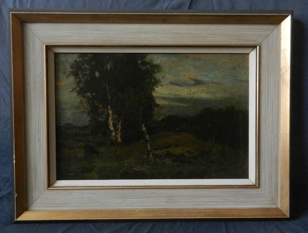 Olieverf Drie Berkenbomen op de hei , ongesign. 19x29 cm., Antiek en Kunst, Ophalen of Verzenden
