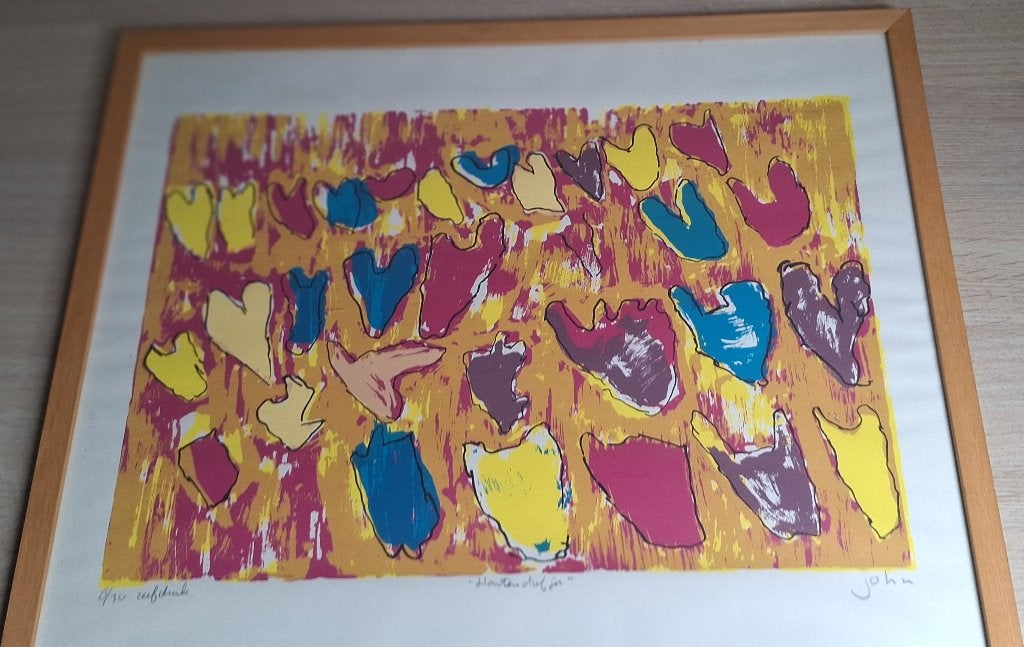 Kleurrijke zeefdruk 'Harten diefjes' van John, Antiek en Kunst, Abstract, Ophalen of Verzenden, Gesigneerd, Print
