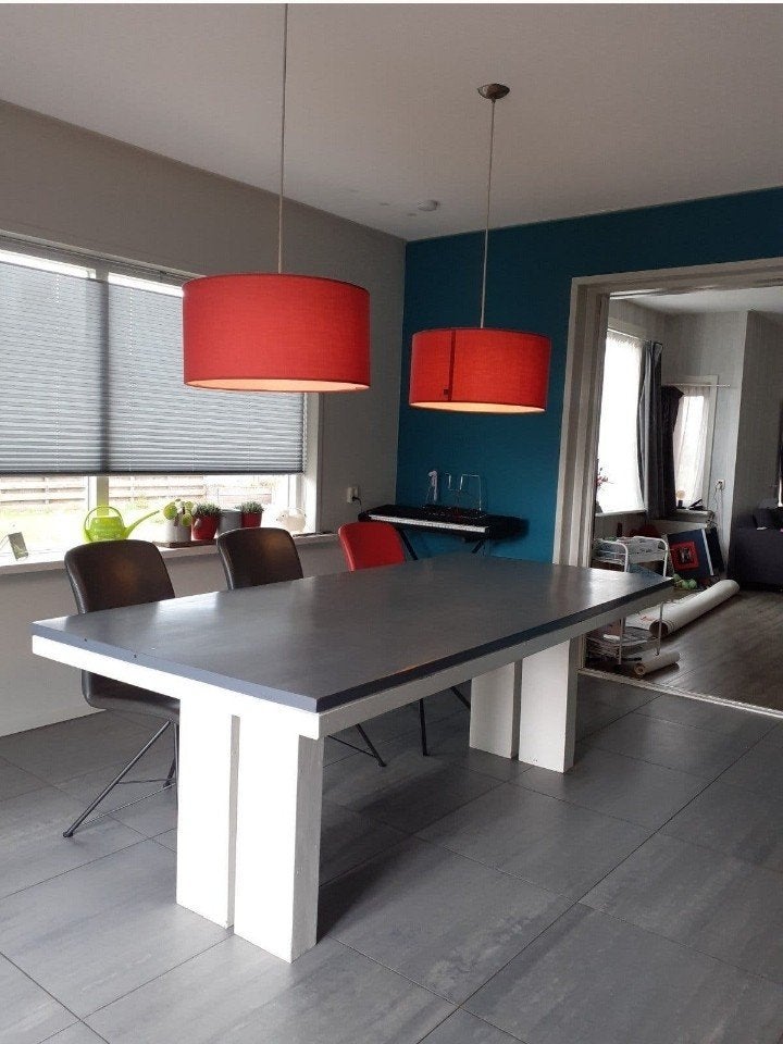 Eettafel grijs en wit, Huis en Inrichting, Tafels | Eettafels, Ophalen, Gebruikt, Teakhout, 200 cm of meer