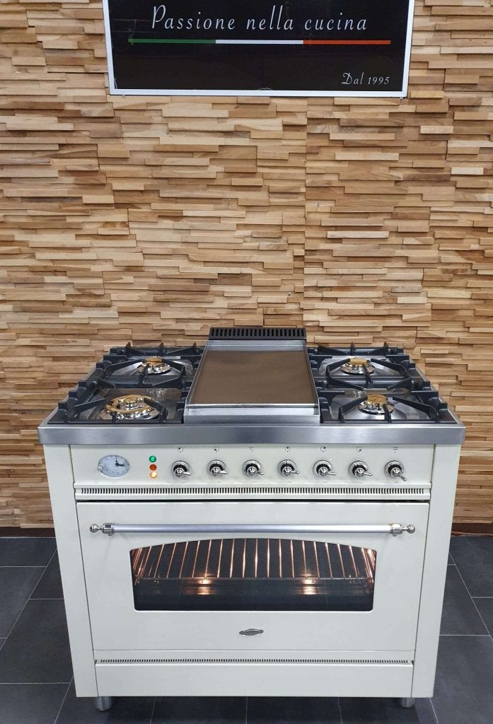 Luxe Boretti Fornuis 90cm crème + rvs Frytop 1 grote oven, Witgoed en Apparatuur, Fornuizen, Zo goed als nieuw, Vrijstaand, Gas