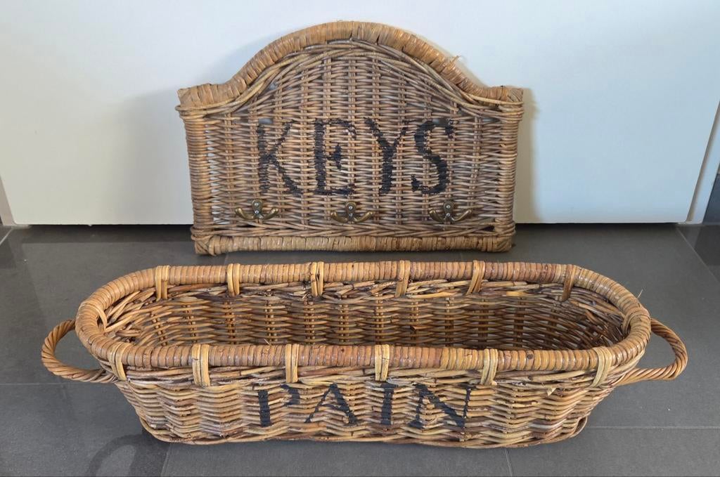 Rotan mand en sleutelrekje set, Ophalen, Vintage, Gebruikt, Natuurlijk materiaal