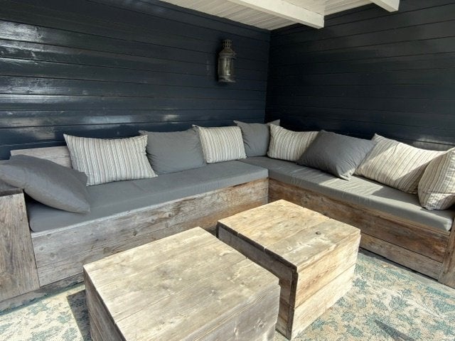Loungeset steigerhout met 2 bijzet tafeltjes, Ophalen, Gebruikt, 6 zitplaatsen, Bank