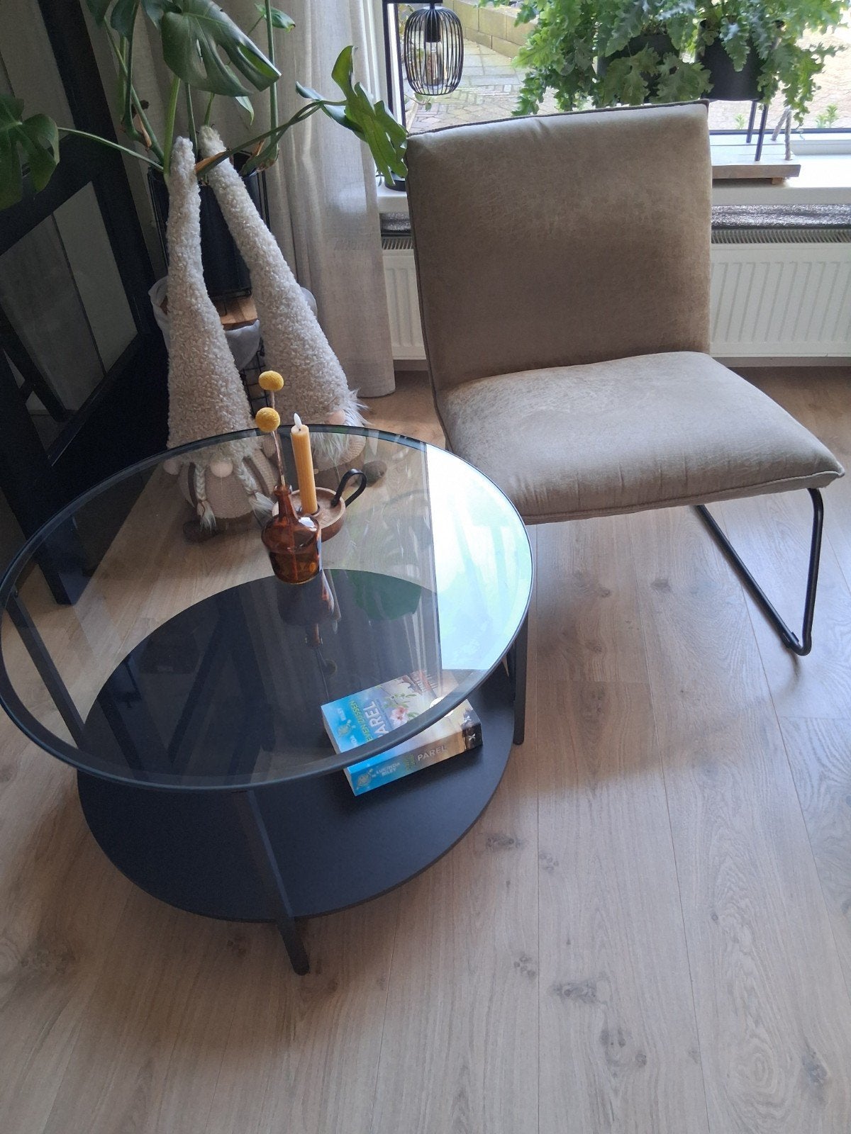 Moderne salontafel met glazen blad, Ophalen, Gebruikt, 50 tot 100 cm, Rond
