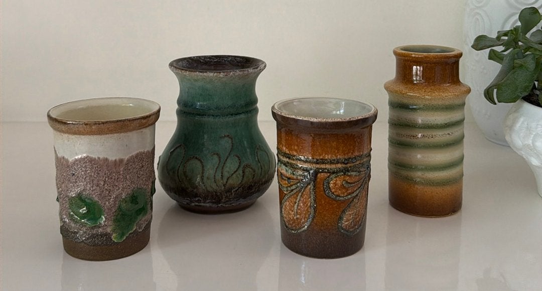 4 West Germany Steuler vaasjes, Huis en Inrichting, Woonaccessoires | Vazen, Ophalen of Verzenden, Zo goed als nieuw, Beige