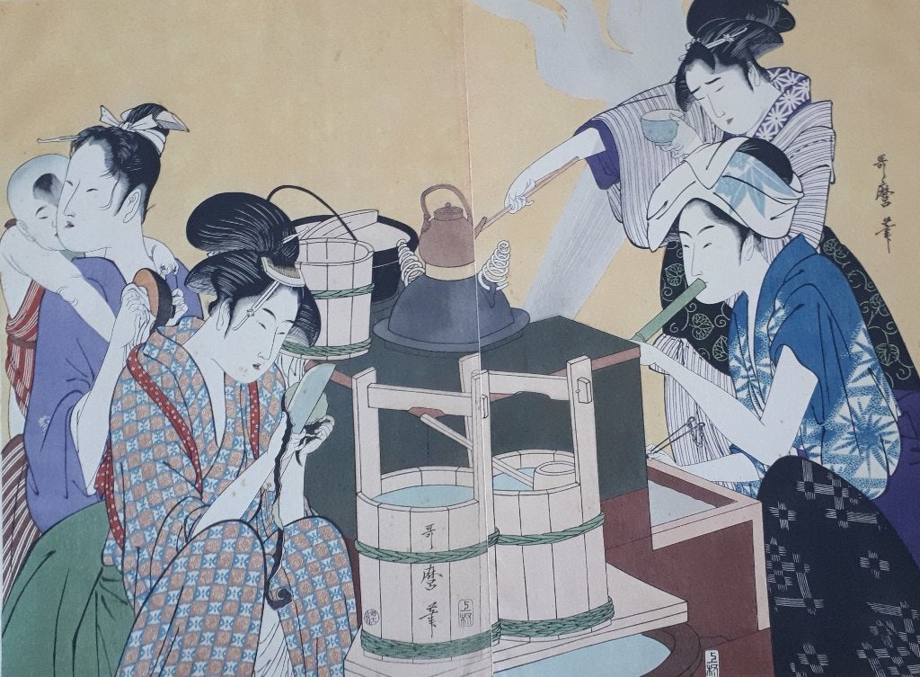 Japanse Houtblok Prenten Utamaro Vrouwen Keuken ca 1950, Antiek en Kunst, Kunst | Niet-Westerse kunst, 40 cm, Natuurlijk materiaal