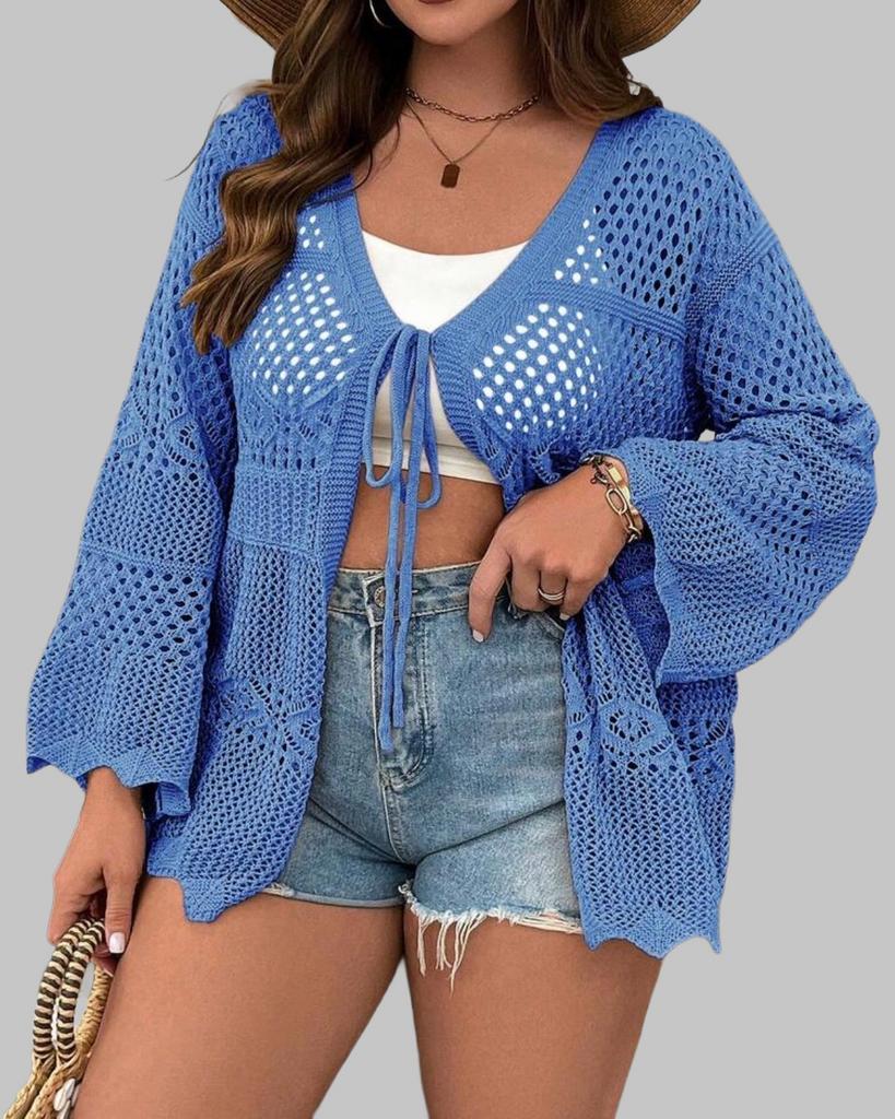 Blauw gehaakt vest met lange mouwen (44-50), Verzenden, Nieuw, Blauw, Trui of Vest