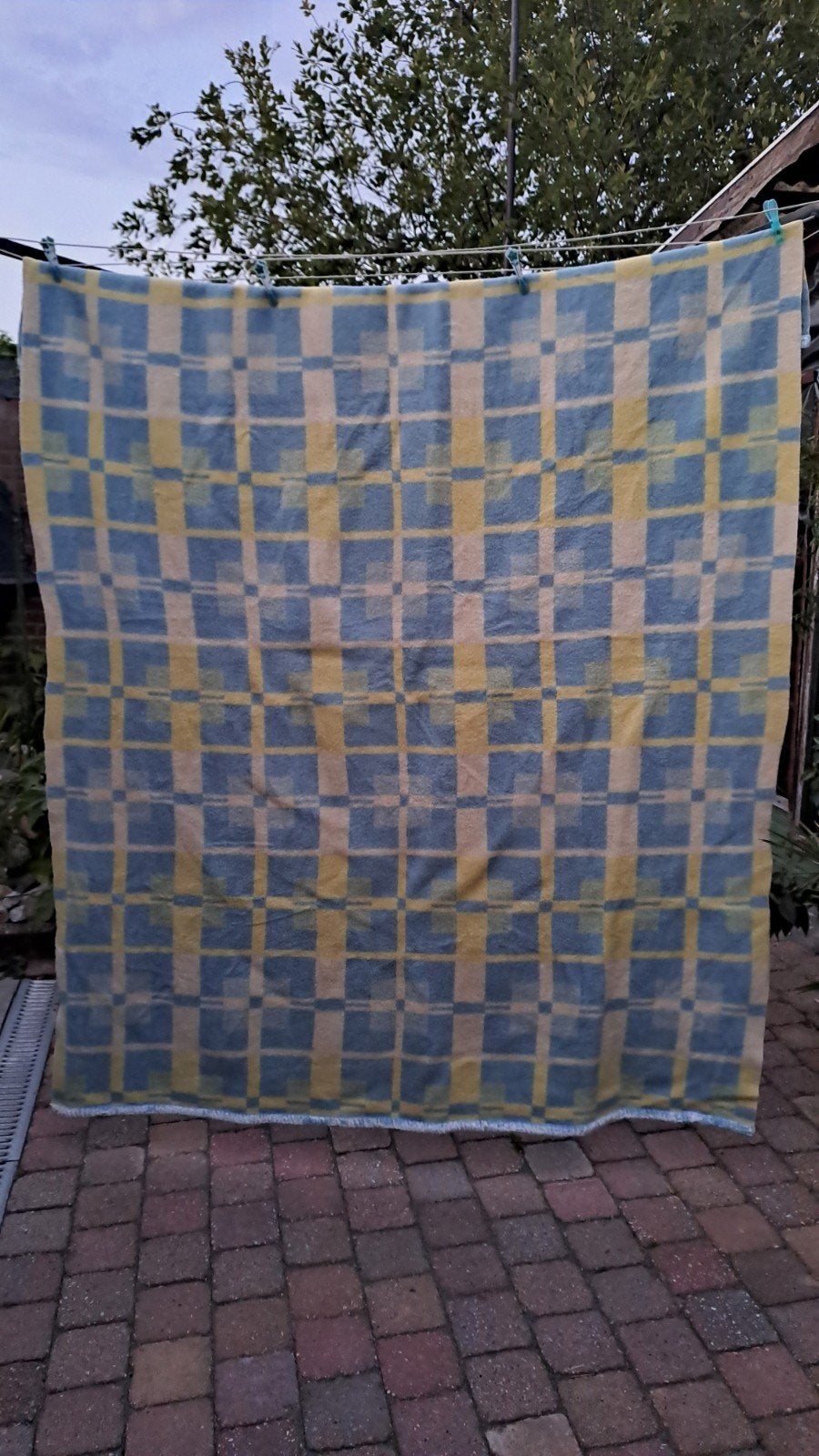 Vintage scheerwollen deken 200x160 cm - Blauw en Geel geruit, Gebruikt, 150 tot 200 cm, Onbekend, Rechthoekig