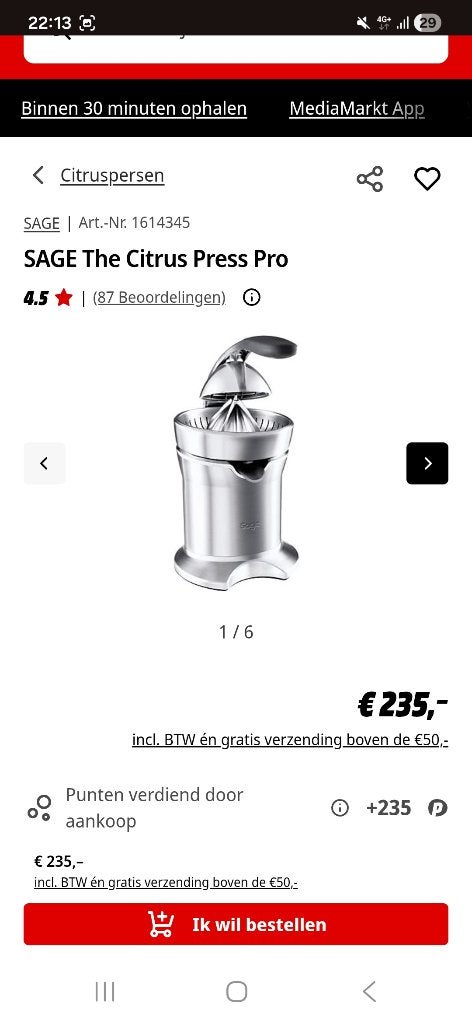 Sinasappel pers, Witgoed en Apparatuur, Juicers, Ophalen of Verzenden, Gebruikt, Elektrisch, Citruspers