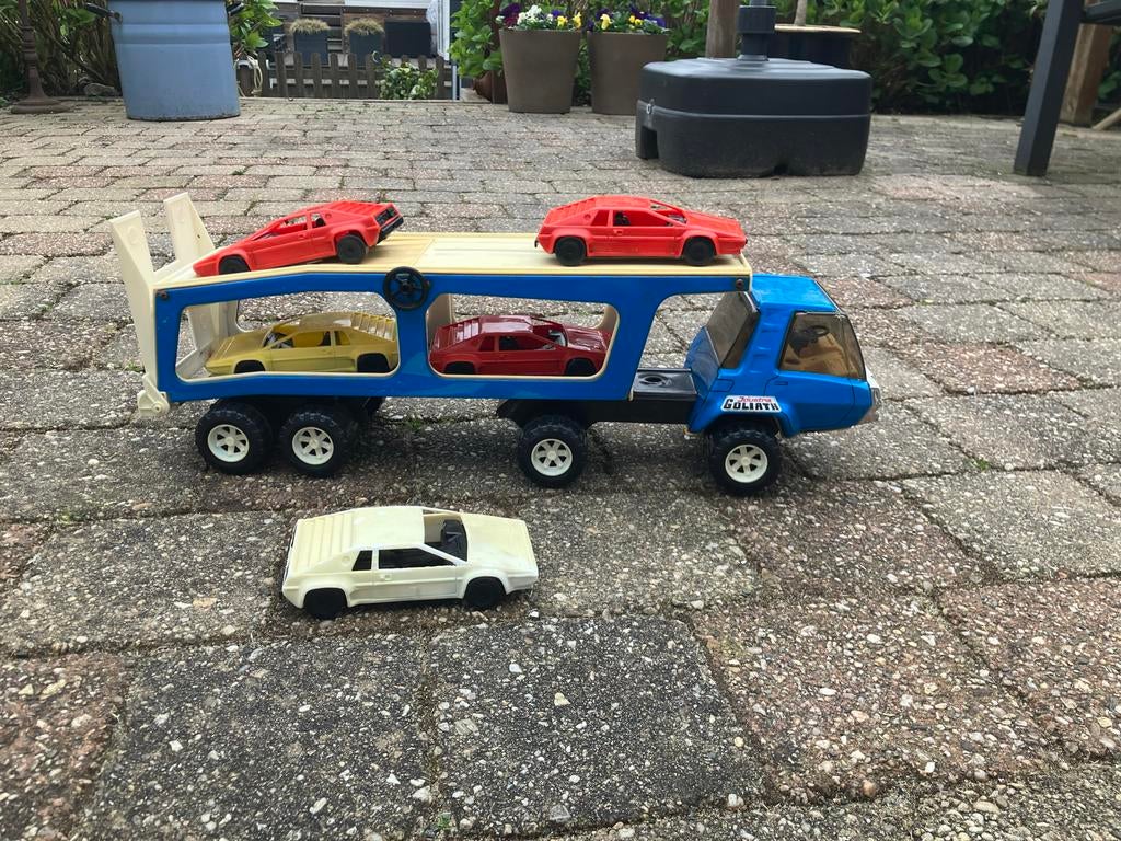 Vintage Joustra Goliath autotransporter met 5 auto's, Ophalen of Verzenden, Gebruikt