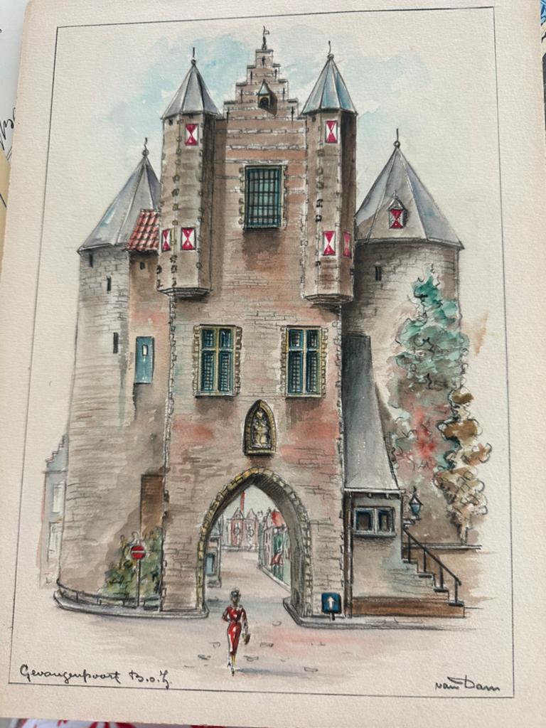 Van Dam, Set van 2 Bergen op Zoom handgekleurde tekeningen, Antiek en Kunst, Kunst | Litho's en Zeefdrukken, Ophalen of Verzenden