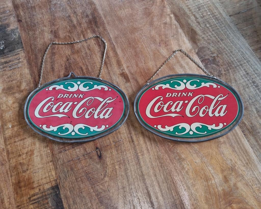 Coca Cola glas in lood reclameborden (set van 2), Verzamelen, Merken en Reclamevoorwerpen, Ophalen of Verzenden, Gebruikt, Reclamebord