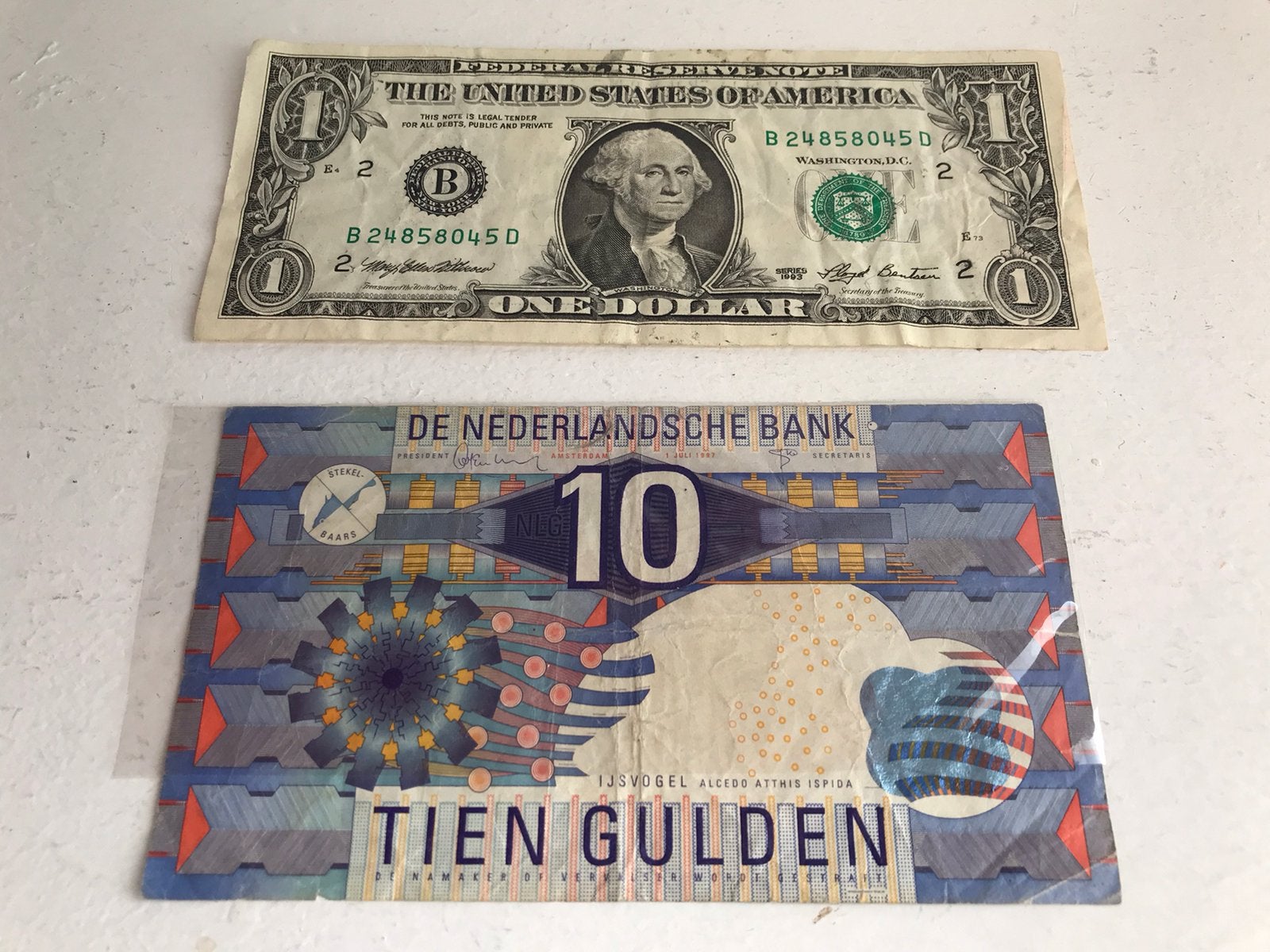 Tien Gulden biljet Ijsvogel / One Dollar biljet USA, Ophalen of Verzenden, 10 gulden, Los biljet
