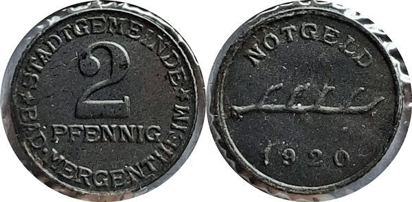 Noodmunt Bad Mergentheim 2 Pfg 1920 IJzer, Verzenden, Duitsland