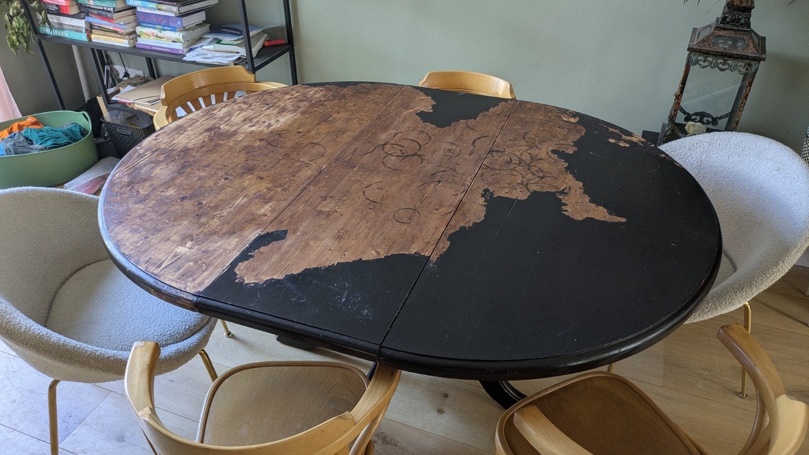 Uitschuifbare ronde tafel - opknapper, Gebruikt, 100 tot 150 cm, Ophalen of Verzenden, Vijf personen of meer