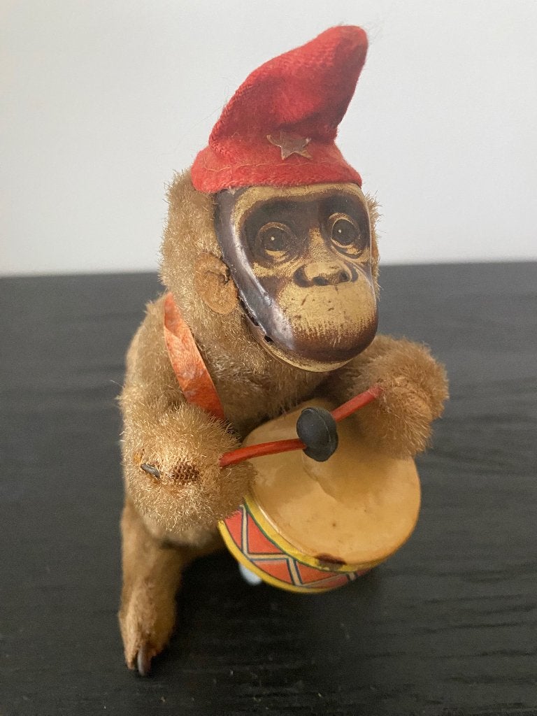 Max Carl musical monkey drummer wind up toy 1950s vintage, Verzenden