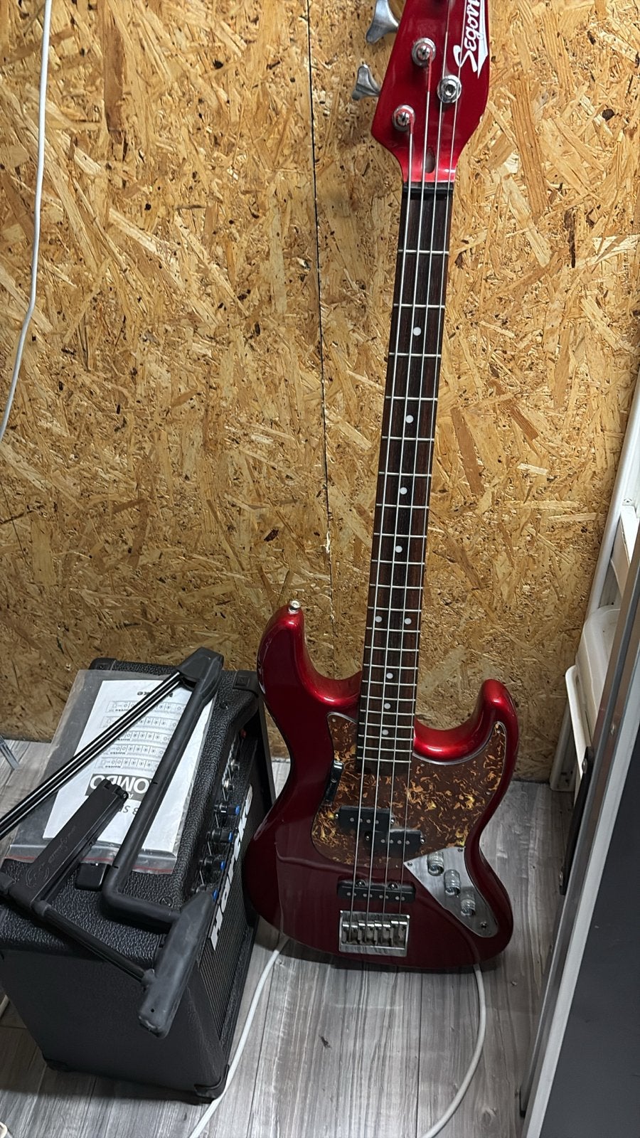 Basgitaar met 15W versterker, hoes en standaard, Muziek en Instrumenten, Snaarinstrumenten | Gitaren | Bas, Ophalen, Gebruikt