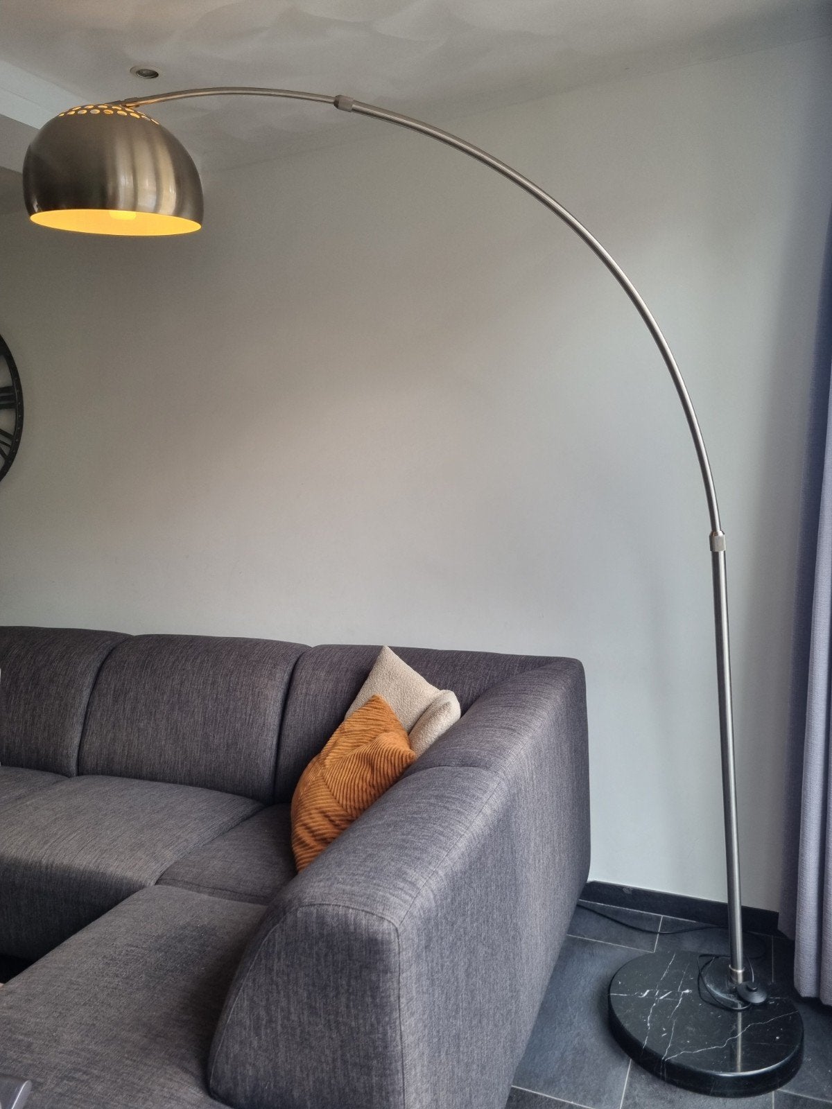 Moderne booglamp met marmeren voet, Ophalen, Modern, Industrieel, 200 cm of meer, E27 (groot)