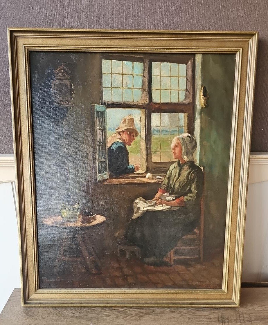 Arend Hijner (1866-1916) - Praatje door het raam, Ophalen of Verzenden