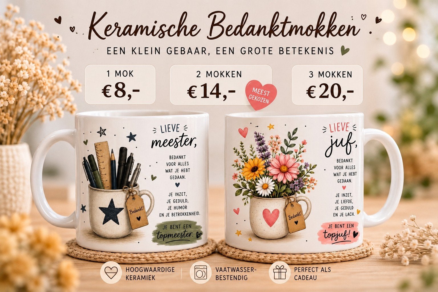 Juf en Meester Cadeau Mok - Bedankt voor alles, Keramiek, Nieuw, Ophalen of Verzenden, Overige stijlen