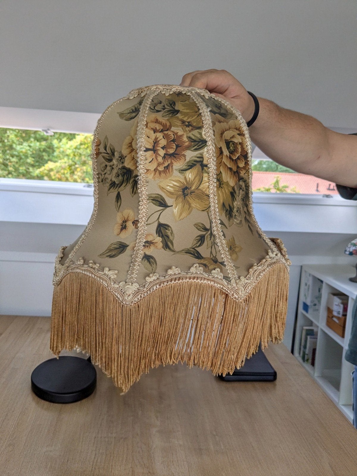 Vintage lampenkap met bloemenprint en franjes, Ophalen, Gebruikt, Overige typen, Beige