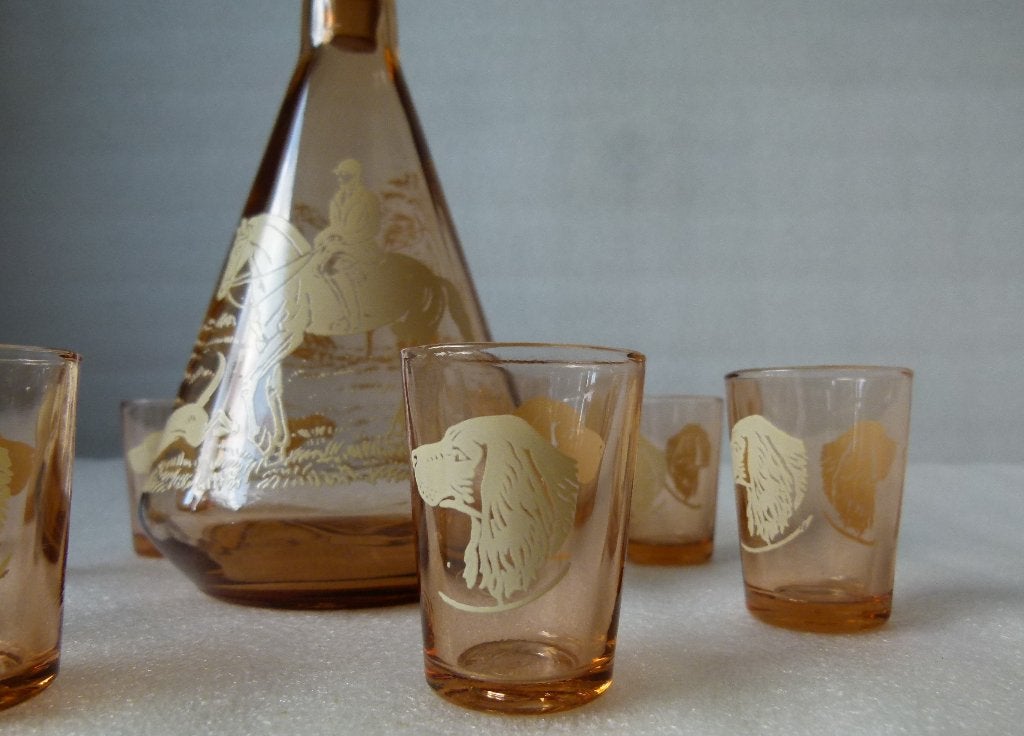 Likeur Set Ruiter te Paard met Honden Karaf plus 8 Glaasjes, Antiek en Kunst, Antiek | Glas en Kristal, Ophalen of Verzenden