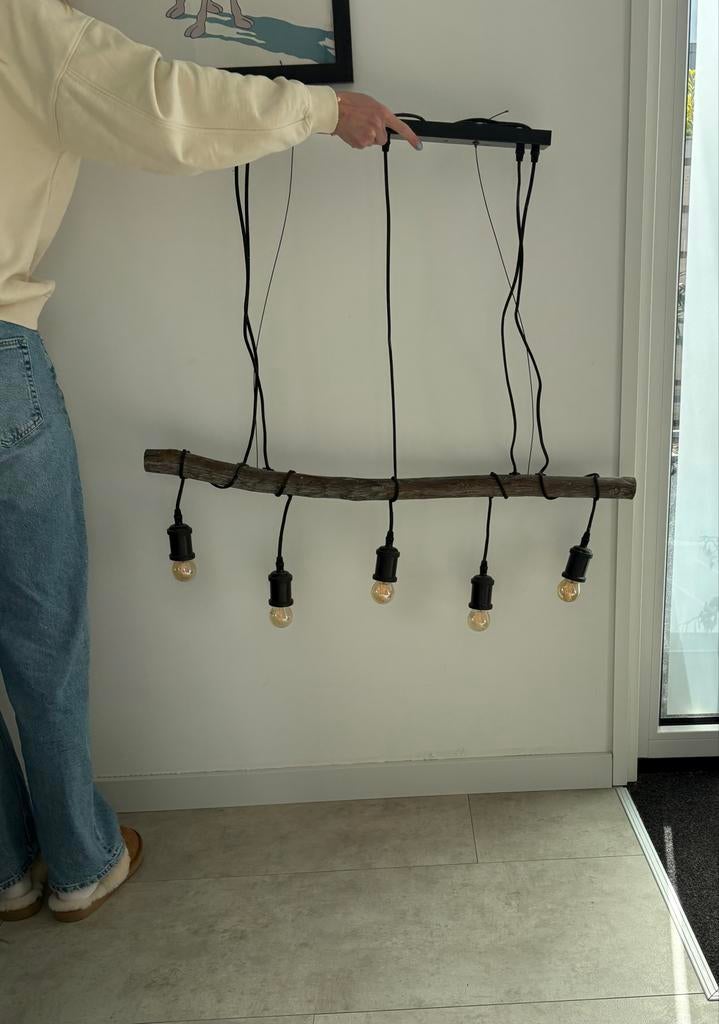 Hanglamp/ barlamp van hout met 5 dimbare lampen, Ophalen, Gebruikt, Hout, 50 tot 75 cm