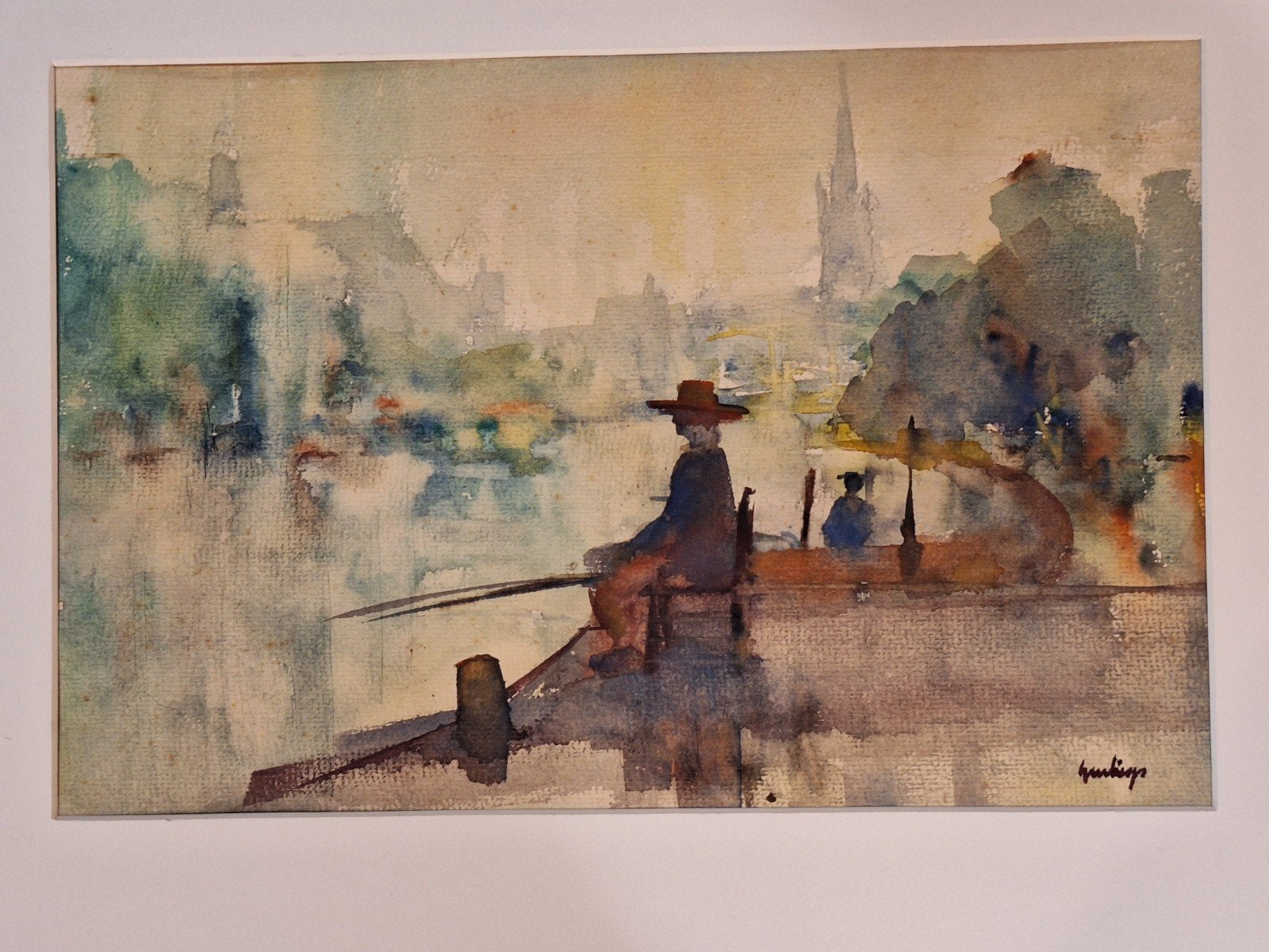 Aquarel visser in gracht Amsterdam - G. Geerlings, Antiek en Kunst, Gesigneerd, Ophalen of Verzenden, Aquarel, Papier