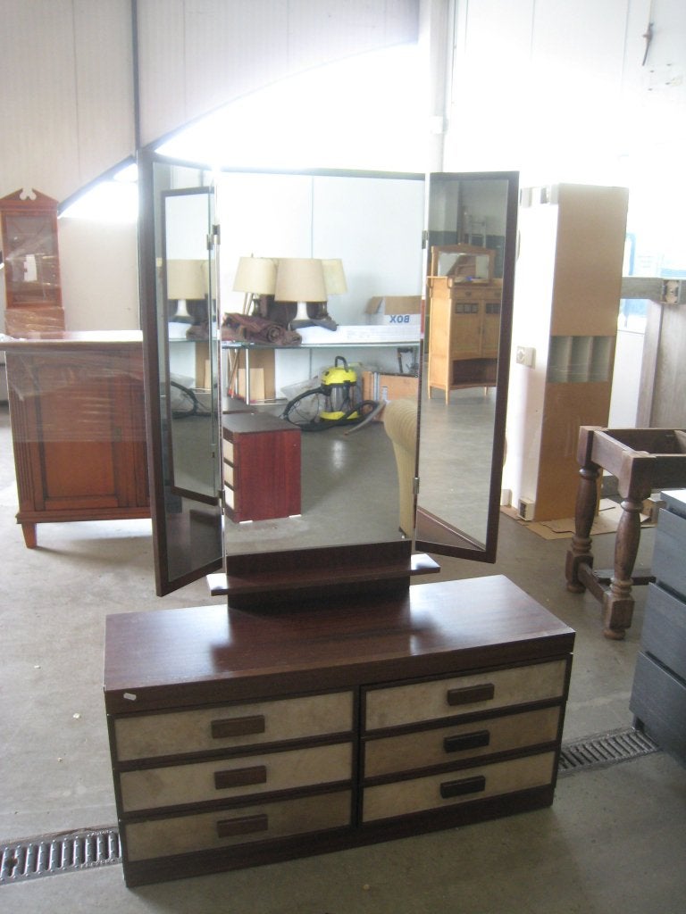 Vintage kaptafel met drieluik spiegel, Huis en Inrichting, Woonaccessoires | Spiegels, Niet ingevuld, Gebruikt, Niet ingevuld