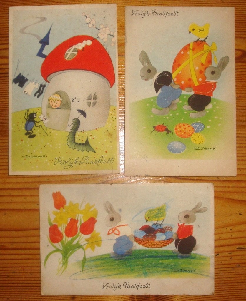 3 Ansichtkaarten onder het thema Vrolijk Paasfeest 1947/1948, Ophalen of Verzenden, 1940 tot 1960, Gelopen, Feest(dag)