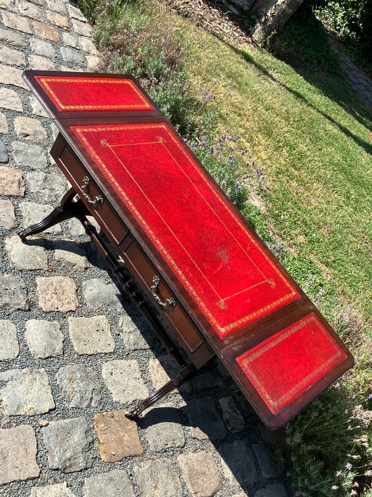 Prachtige antieke mahonie salontafel met rood leder inleg, Ophalen