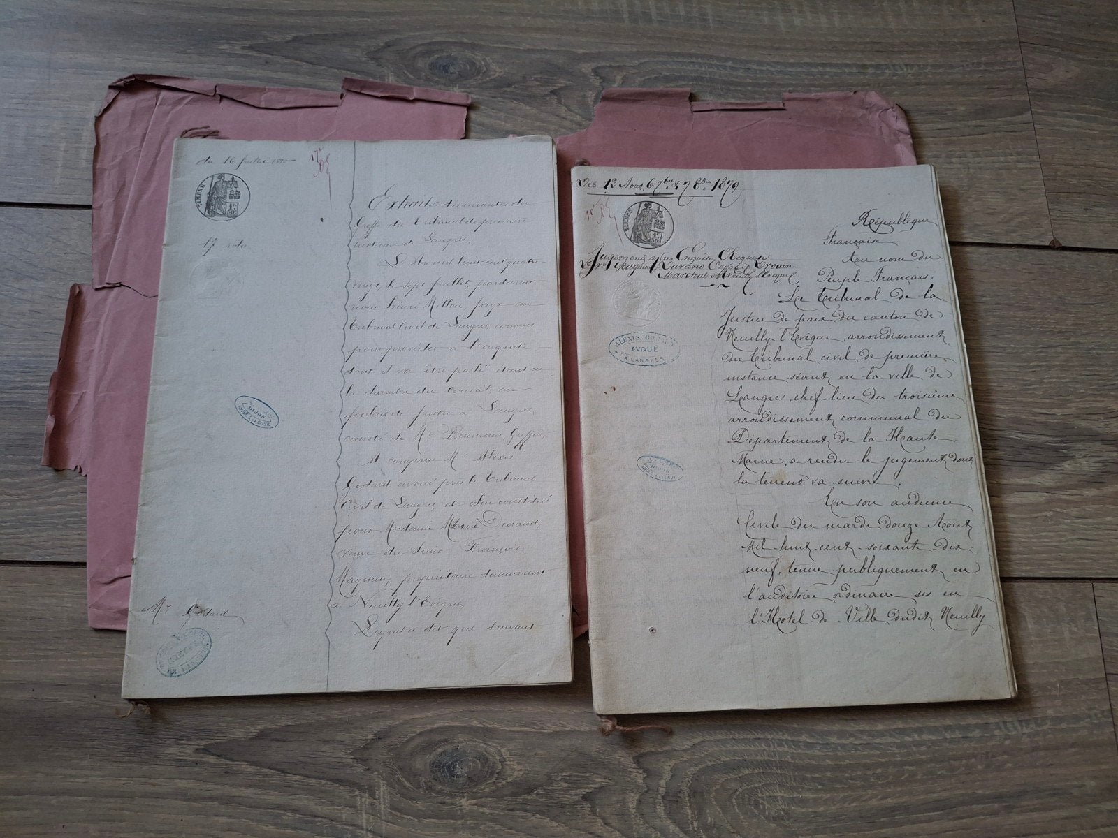 Oude Franse manuscripten akte & vonnis uit 1880 en 1879, Ophalen of Verzenden
